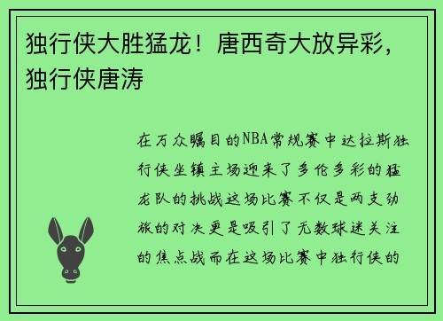 独行侠大胜猛龙!唐西奇大放异彩,独行侠唐涛