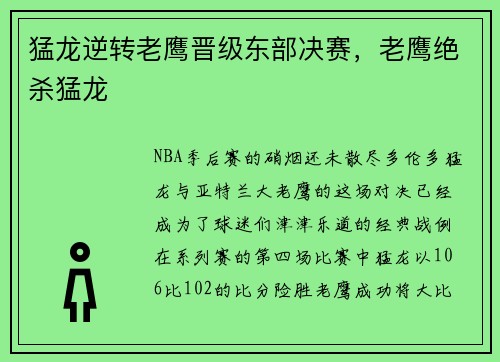 猛龙逆转老鹰晋级东部决赛,老鹰绝杀猛龙