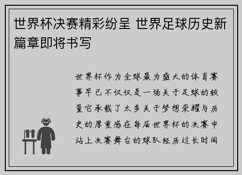 世界杯决赛精彩纷呈 世界足球历史新篇章即将书写